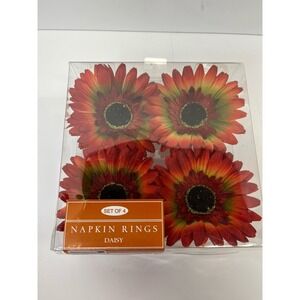 Set Of 4 Sunflower Fall Daisy Napkin Rings Holders Floral Vintage NOS